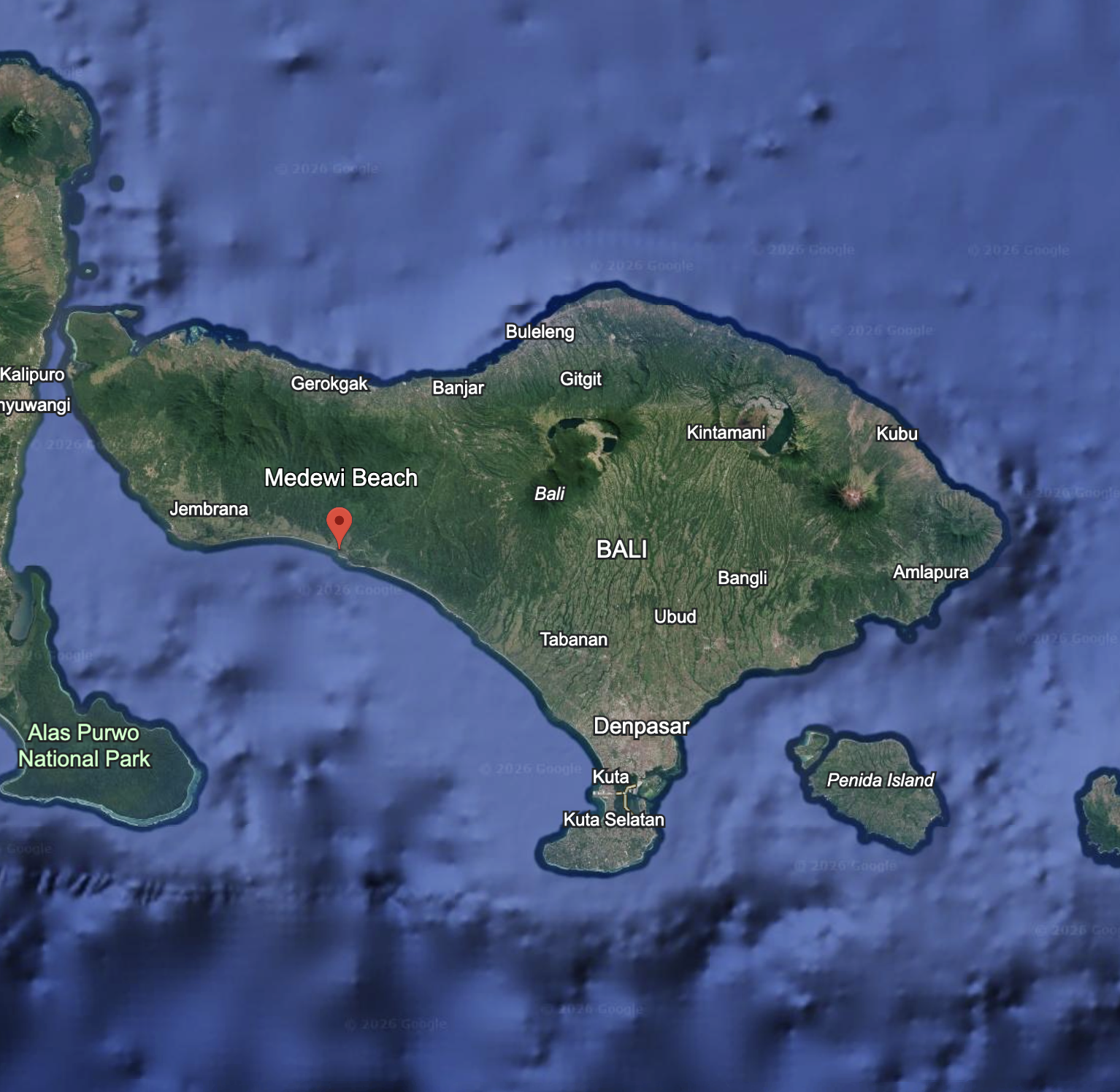 Google Earth satellite view of Medewi Beach, Bali